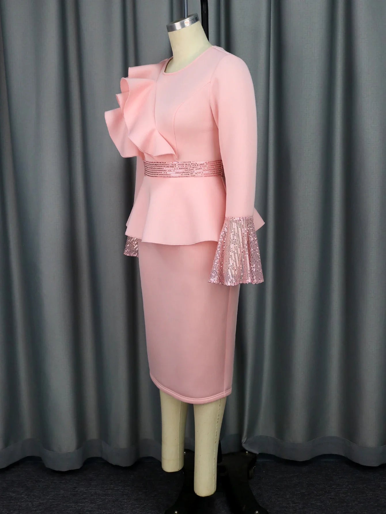 Church Dress for Women Elegant Sequined Long Sleeve Ruffles