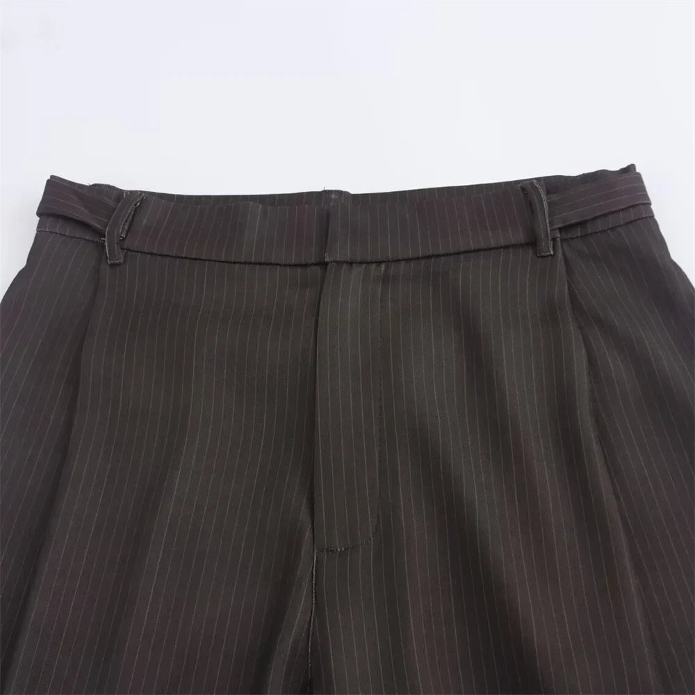 Autumn Women's Fashion Striped Loose Suit Coat with Buckle Decoration and High Waist Striped Pants Set