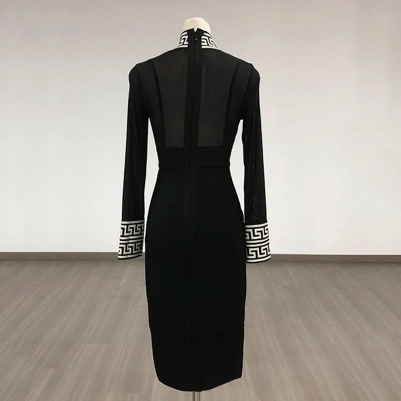 Black Mesh Bandage Dress for Women Long Sleeve Bodycon