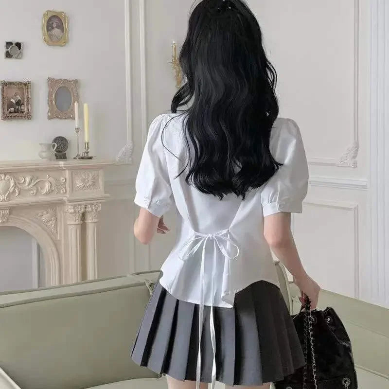 Slim Fit White Short Sleeve Blouse for Women with Sweet Bow Tie Neck Preppy JK Style Shirt