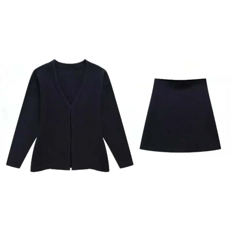 Women's Knit Tailored Cardigan and Skirt Set V-Neck Long Sleeve Jacket with High Waist Elastic A-Line Mini Skirt Stylish Two-Piece Outfit