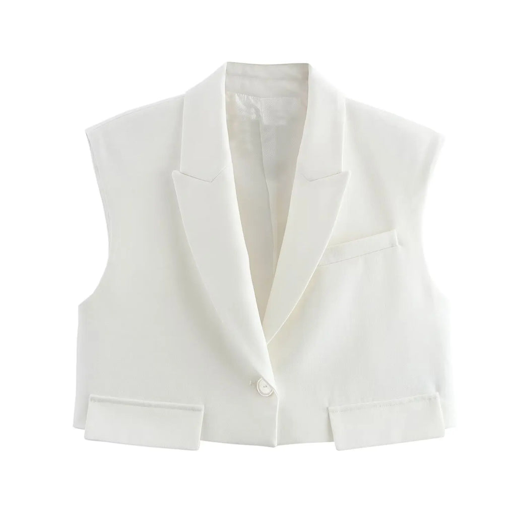 Women Chic Cropped Vest Pants Suit with Lapel and Single Button High-Waist Zip Straight-Leg Trousers Set