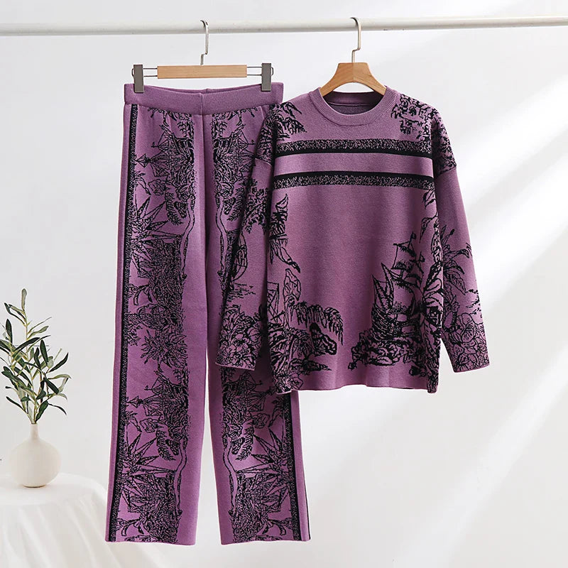 Elegant Women's Loungewear 2 Piece Knit Pants Set with Ink Floral Sweater and Matching Knitted Bottoms