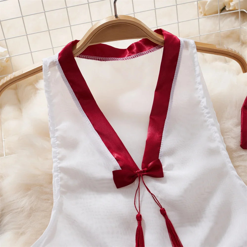 V-Neck Contrast Lace-Up Sheer Ruffle Petal Sleeve Crop Top with Sweet Bow and Red Mini Skirt Set Sexy Women's Sleepwear Pajama