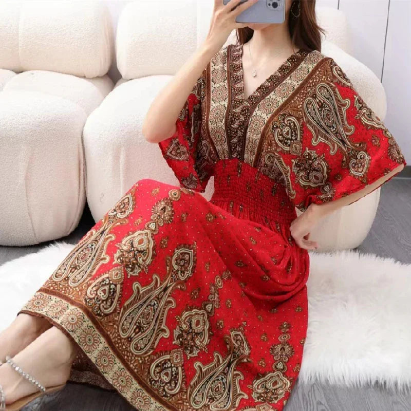 Bohemian Ethnic Print Midi Dress V Neck With Batwing Sleeves