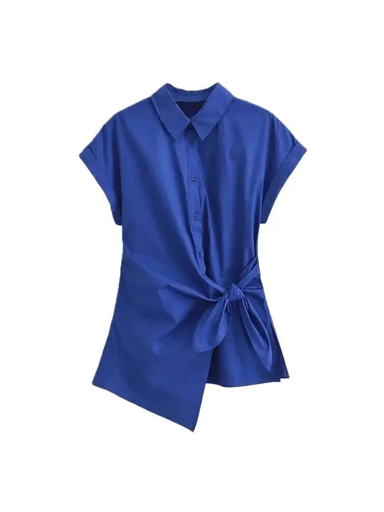 Asymmetric Poplin Shirt for Women with Front Knot Ties Short Sleeve Button-Up Chic Blouse Top