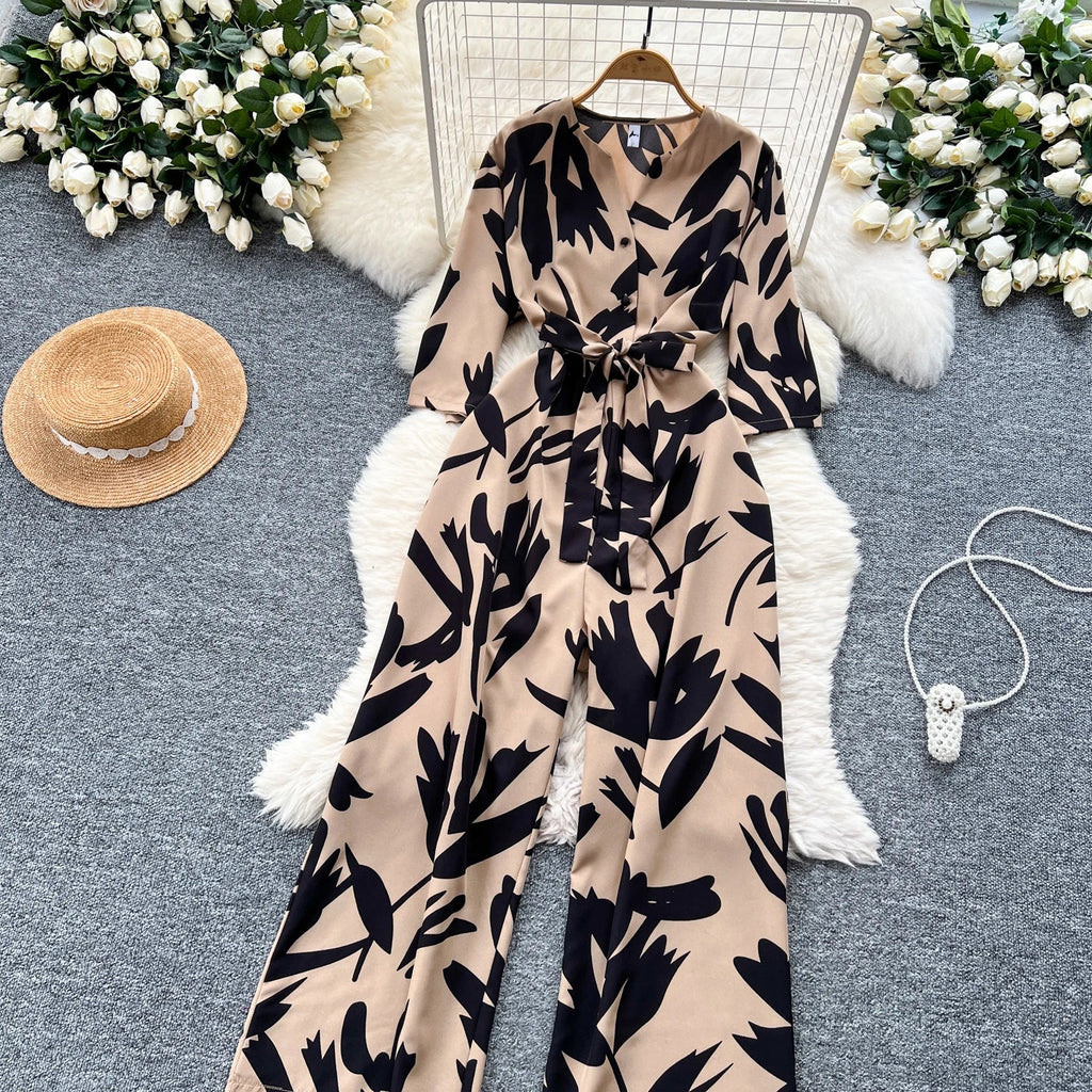 Women's Summer V-Neck Short Sleeve Lace-Up Waist Slim Fit Wide-Leg Printed Jumpsuit with Loose Straight Leg Design