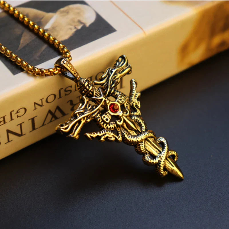 Punk Fashion Titanium Steel Necklace with Double Dragon Sword Pendant and Evil Eye Cross for Men