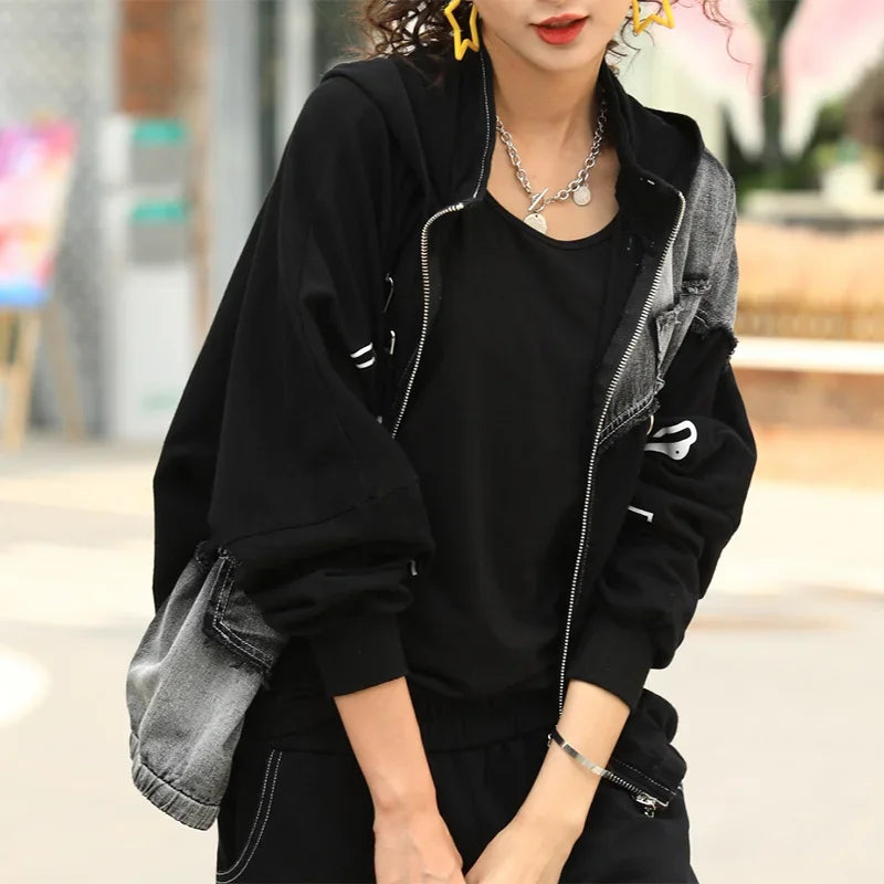 Spring Punk Fashion Women's Two Piece Set with Loose Hooded Jacket and Classic Fitness Pants