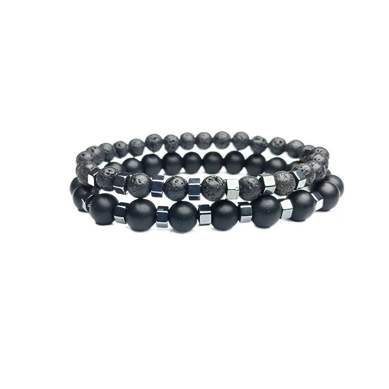 Frosted Black Volcanic Stone Beaded Men's Bracelet Set Double Layer Nature Stone Gifts