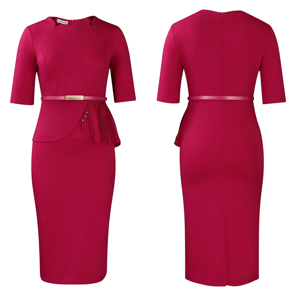 Women Square Neck Bodycon Midi Dress Belted For Work