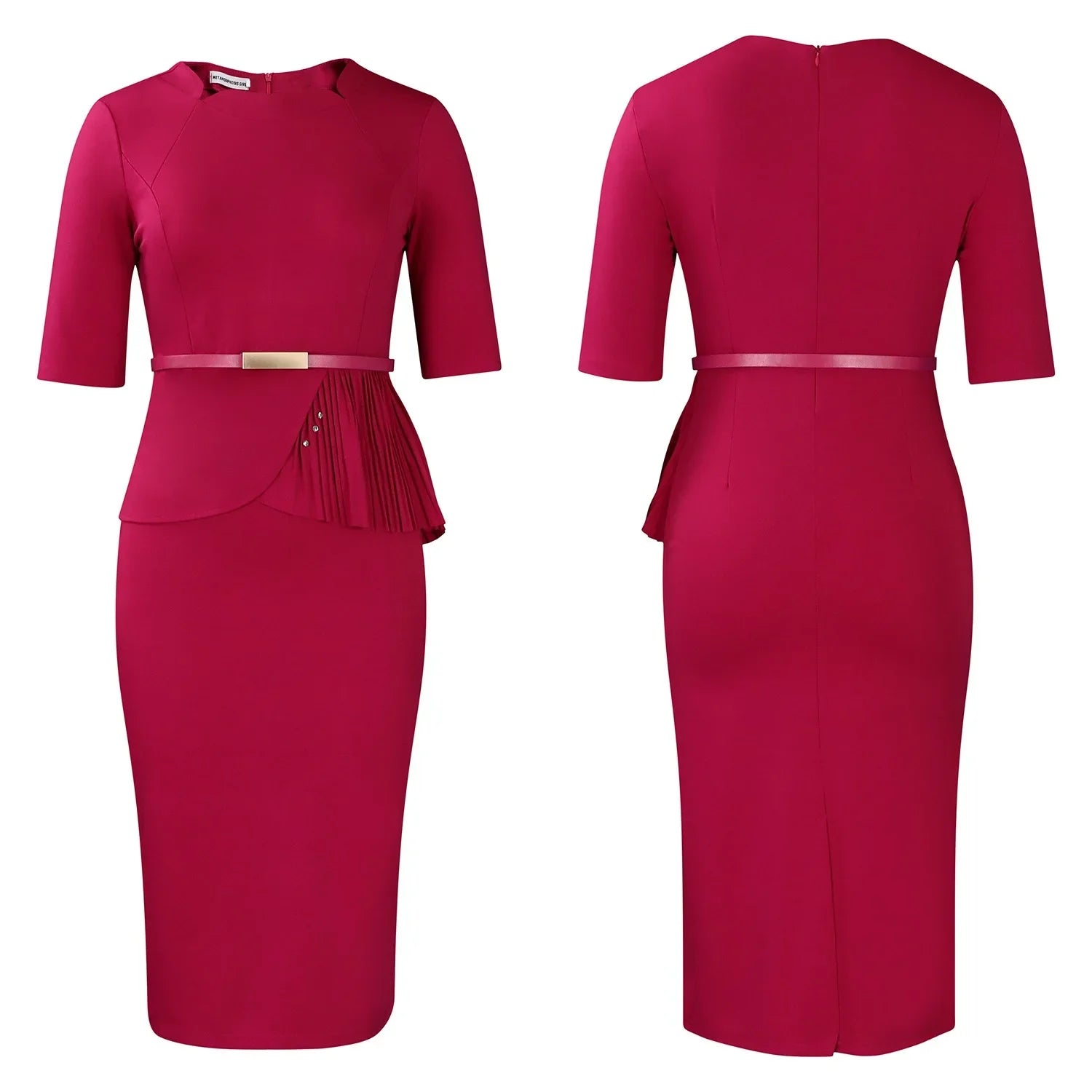 Women Square Neck Bodycon Midi Dress Belted For Work