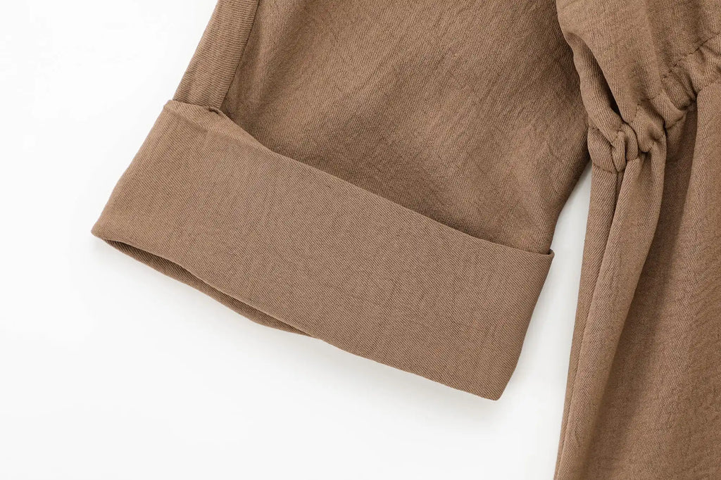 Women Casual Brown Lace-Up Waist Shirt and High Waist Wide Leg Pants Set for Spring Fashion