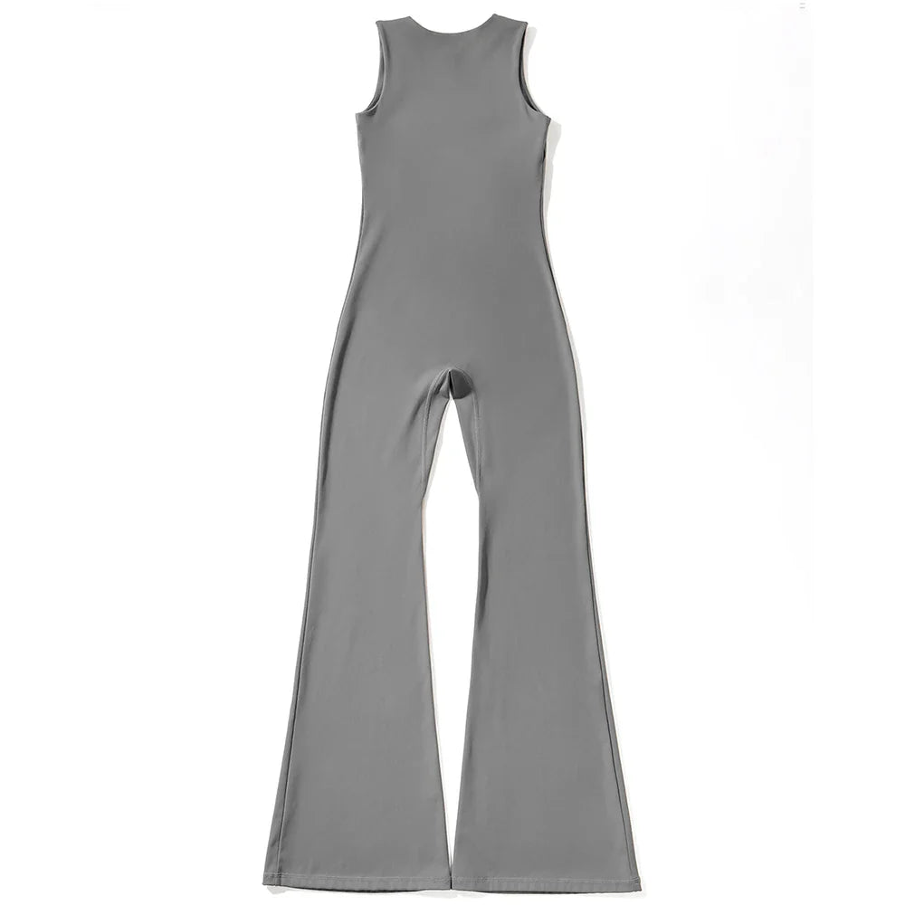 Women's Sleeveless Square Neck Bodysuit with Flared Pants Casual Fitness Jumpsuit Full Season Streetwear Playsuit