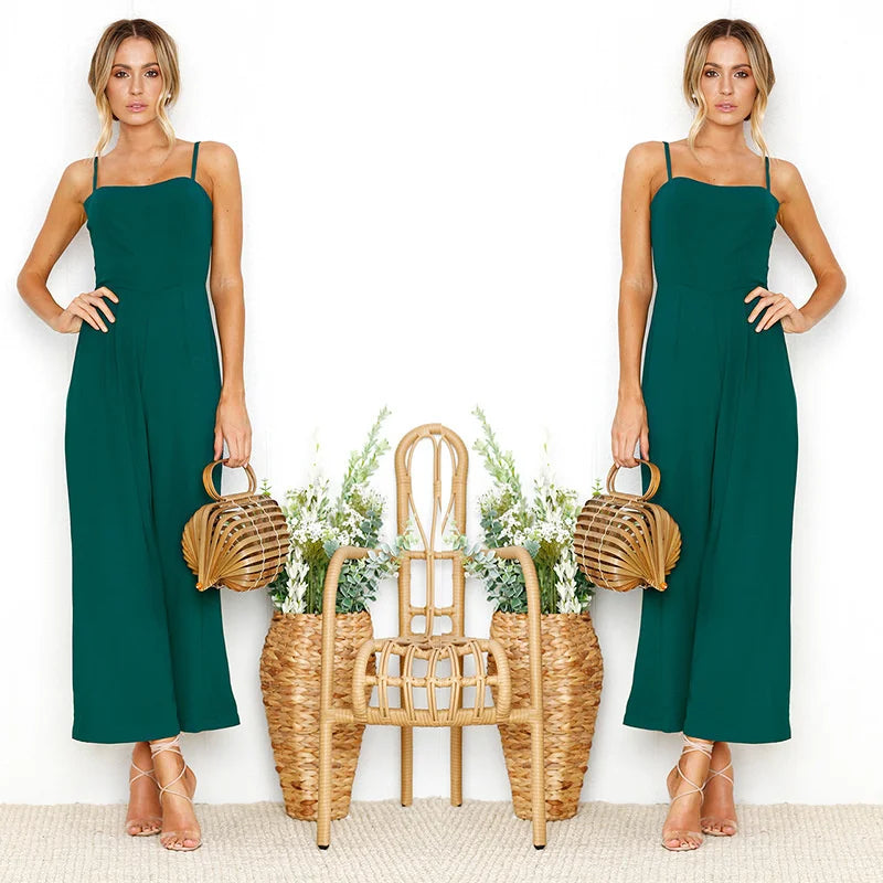 Women Sleeveless Bib Dungarees Jumpsuit Casual Loose Fit Solid Color Wide Leg Overalls with Spaghetti Straps for Autumn