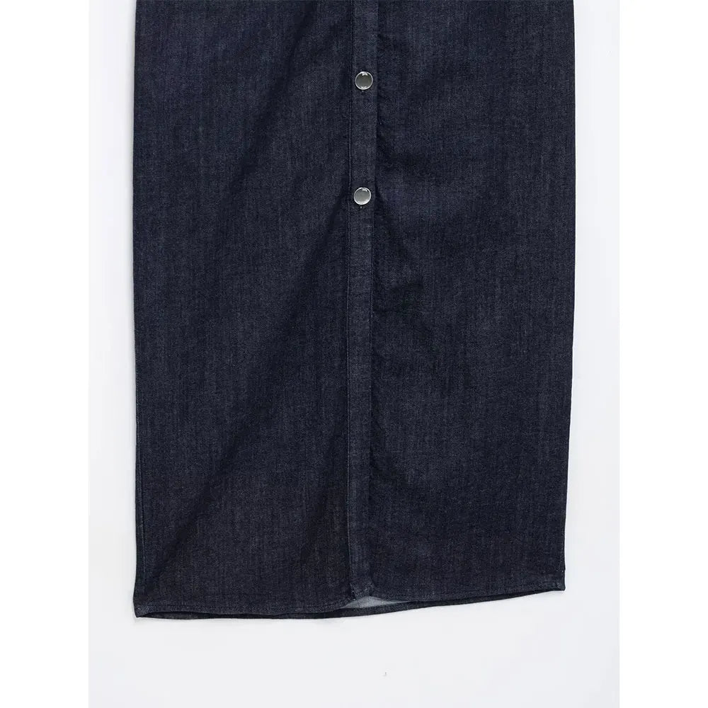 Navy Blue Pleated Denim Midi Dress for Women Short Sleeves