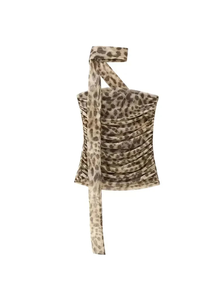 Strapless Leopard Print Tulle Draped Bustier Top with High Waist Long Skirt Two-Piece Set for Women Sexy Evening Outfit