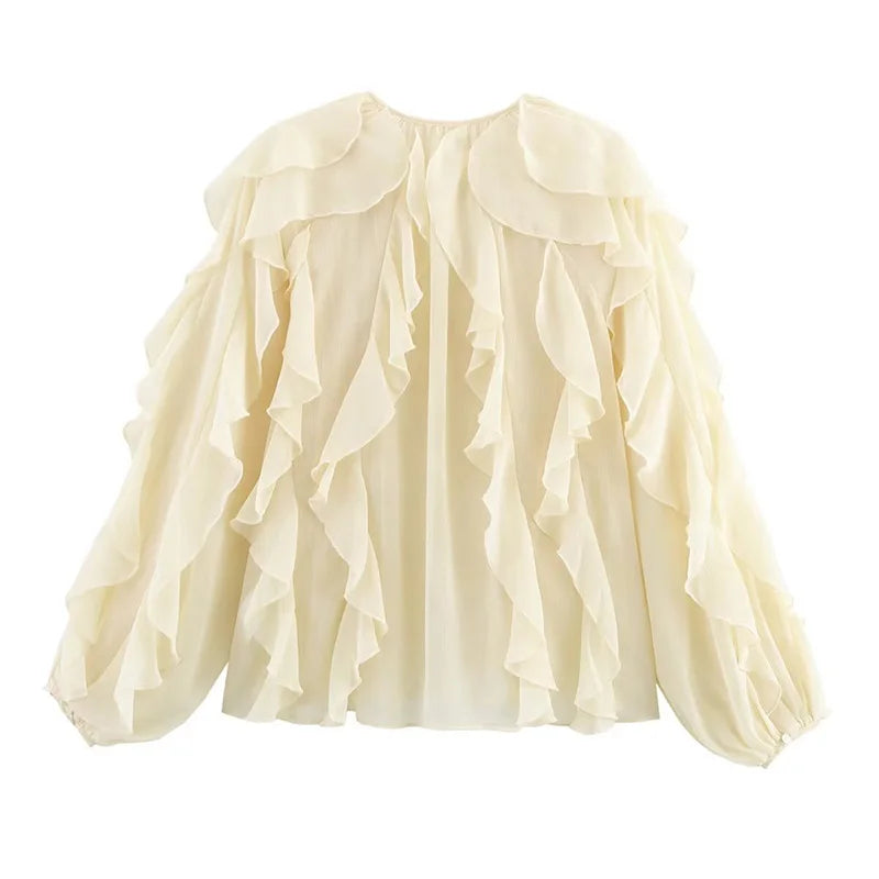 Women's Semi-Transparent V-Neck Tiered Decoration Long Sleeve Casual Shirt Blouse Top