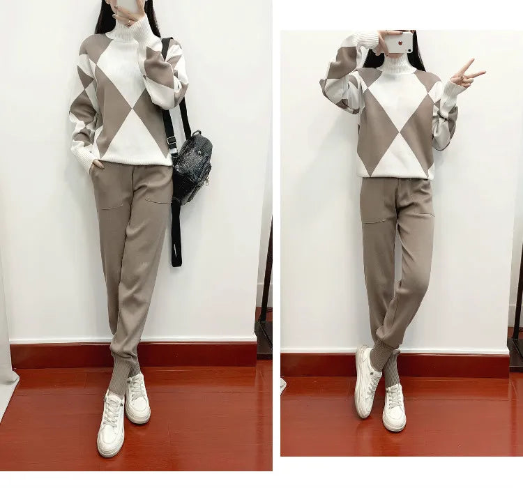 Women's Thick Soft Knitted Sweater and Long Pant Set Casual 2PCS Track Suit for Autumn and Winter