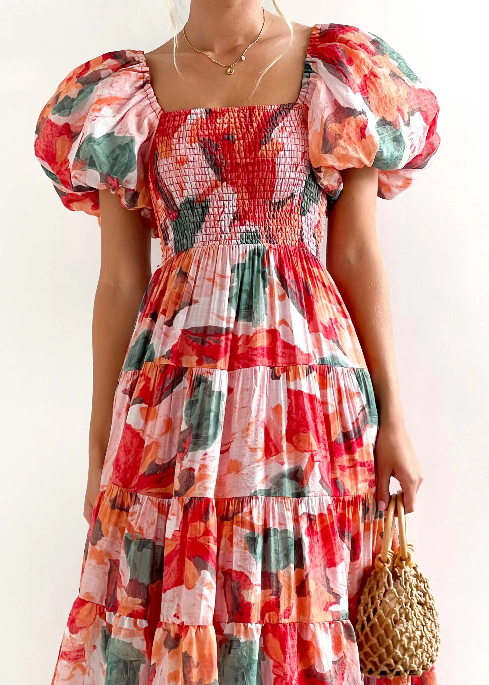 One Shoulder Summer Dress With Square Neck Lantern Sleeves