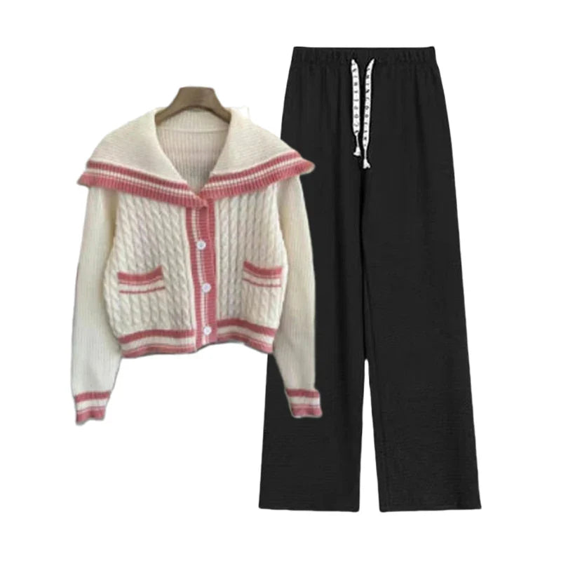 Preppy Style Knitted Two Piece Set with Sailor Collar Sweater and Elastic Pants for Women's Korean Sportswear