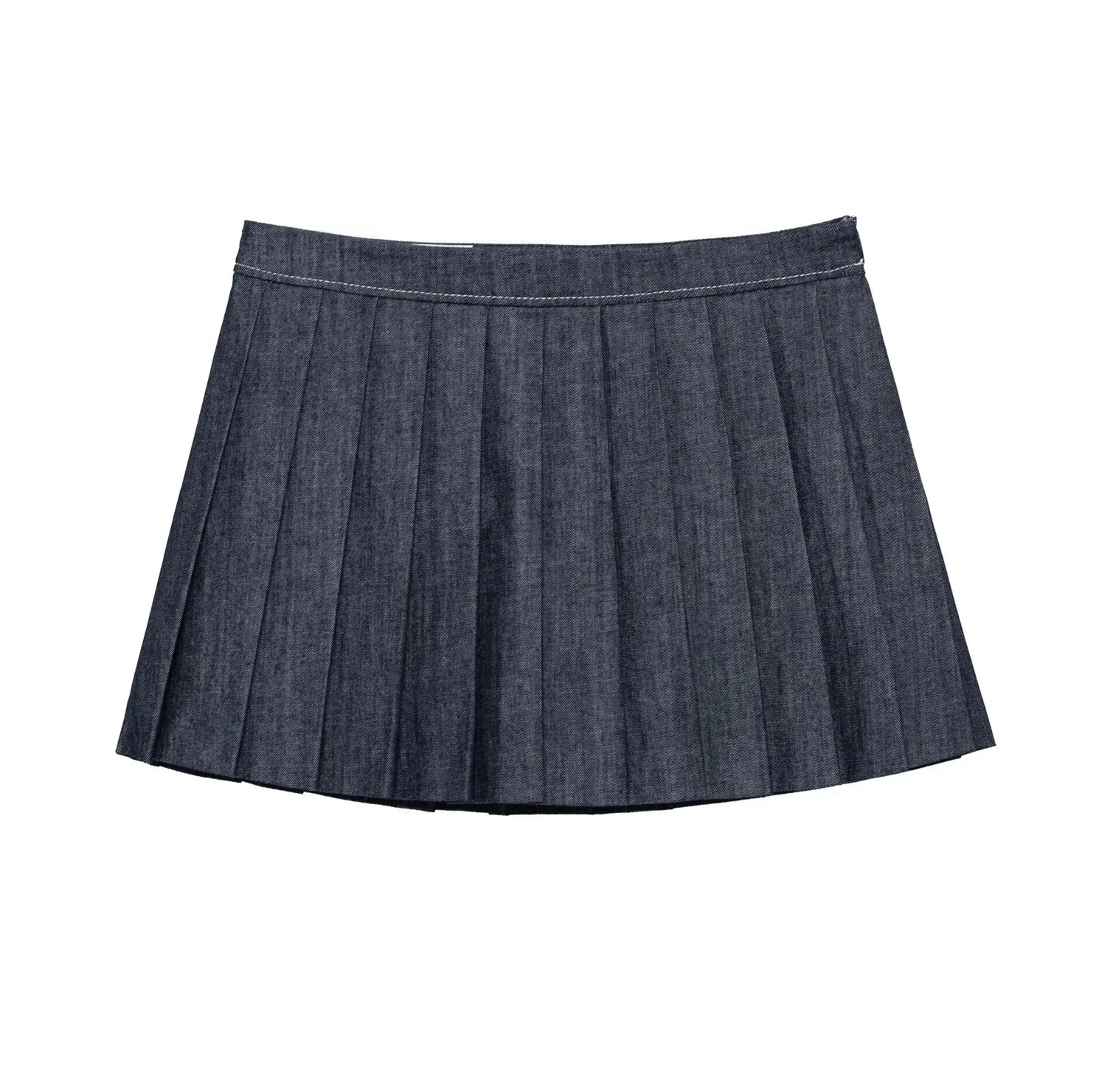 Casual Denim Loose Fit Women Suit Set with O Neck Zipper Bomber Jacket and Pleated Mini Skirt Vintage Inspired Spring Summer Fashion Ensemble