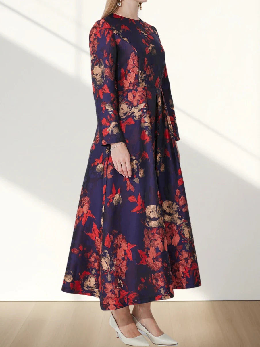 Boho Floral Jacquard Maxi Dress With Long Sleeves For Fall
