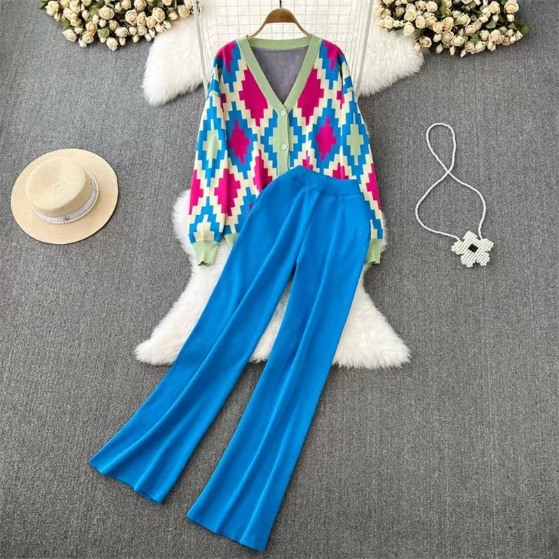 Casual Elegant Diamond Grid V-Neck Button Down Long Sleeve Top with Elastic Waist and Wide Leg Women's Suit Outfit