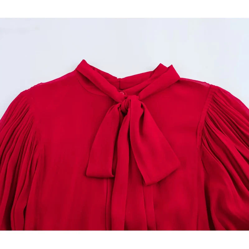 Red Bow Pleated Semi Sheer Womens Blouse Chic Button Up Shirt Elegant Spring Top for Women