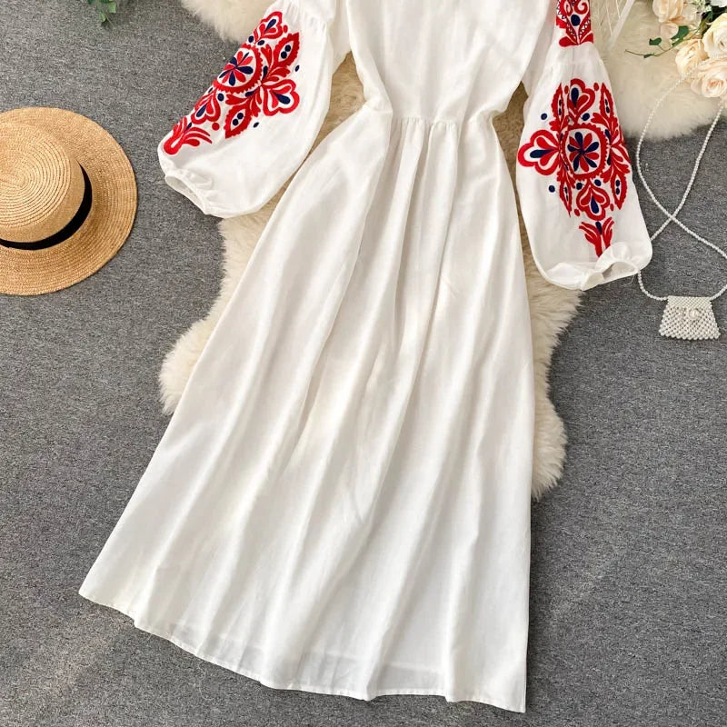 Bohemian Embroidered Floral Dress With Lantern Sleeve