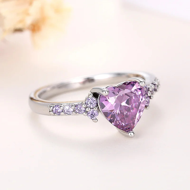 Purple Heart Cubic Zirconia Engagement Ring for Women Unique Wedding Jewelry Romantic Gift
