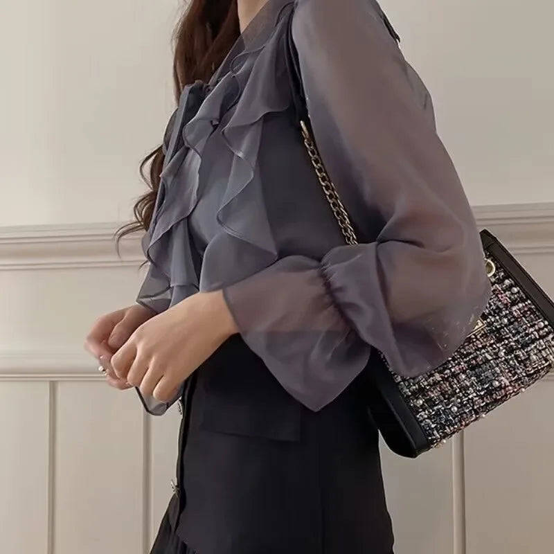 Charming Summer Chiffon Blouse for Women with Sweet Bow Detail Casual Long Sleeve Office Lady Top Lightweight Autumn Shirt