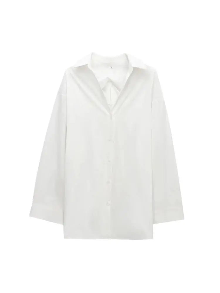 Oversized Pleated Back Long Sleeve Button-Up Shirt for Women Chic Fashion Blouse Top