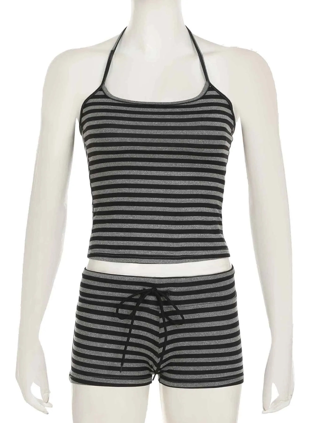 Casual Striped Two Piece Set for Women Slim Fit Backless Bandage Halter Top with Low-Waisted Shorts Summer Lounge Wear