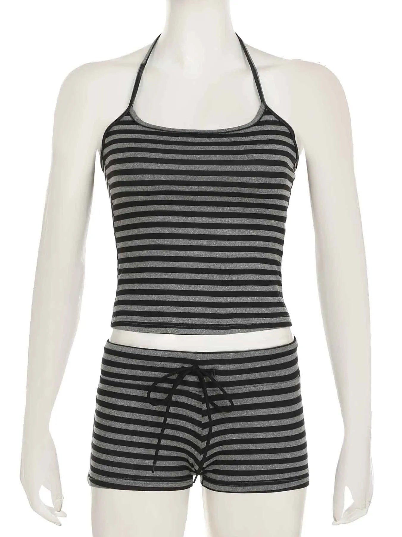 Casual Striped Two Piece Set for Women Slim Fit Backless Bandage Halter Top with Low-Waisted Shorts Summer Lounge Wear
