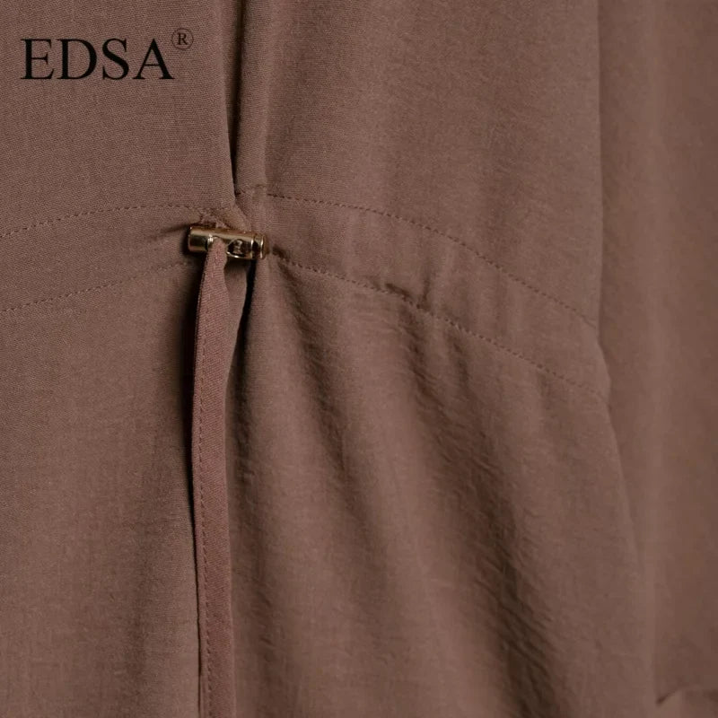 Women Camel Safari Style Flowing Shirt with Drawstring Waist Wide Sleeves and Turn-up Cuffs Casual Blouse for Holiday and Everyday Wear