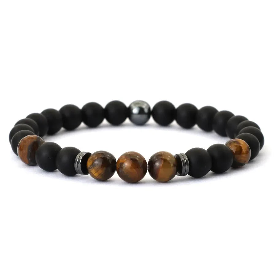 Handmade Men's Natural Stone Bracelet with 8mm Onyx and Tiger Eye Beads for Healing and Style