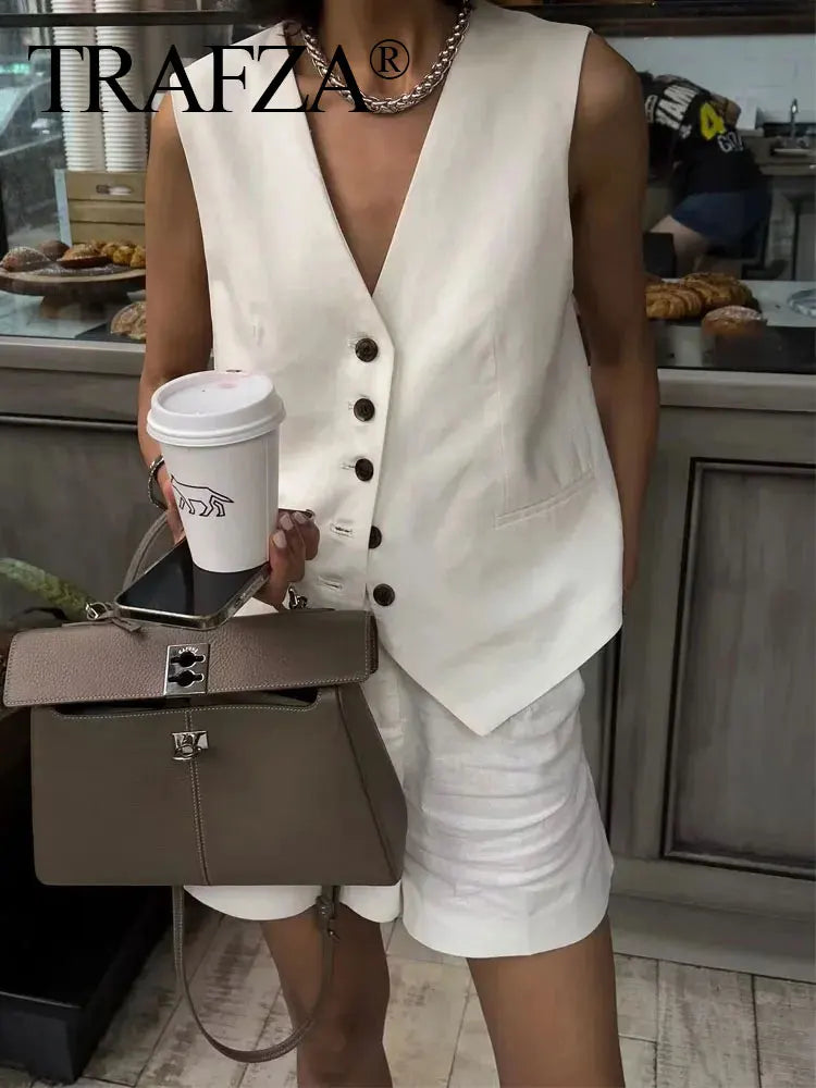 Casual Linen Sleeveless V-Neck Vest for Women Single Breasted Office Fashion Lightweight Linen Top