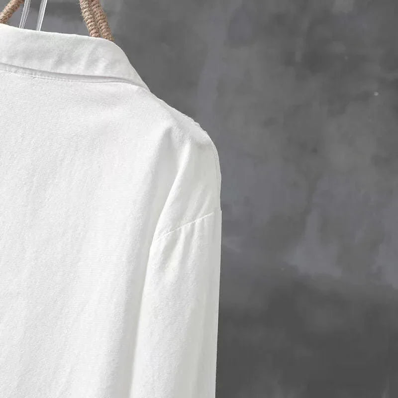 Cotton White Embroidered Long Sleeve Women's Shirt with Lapel Collar and Button Detail Casual Fashion Blouse for Everyday Wear