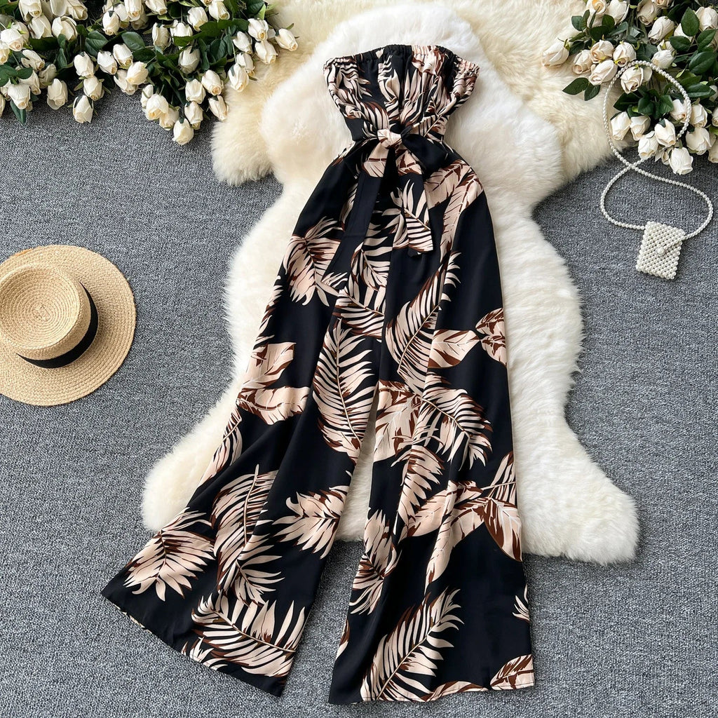 Women's Elegant Suspender Jumpsuit Sexy Printed Casual Hip Waist Overalls Romper