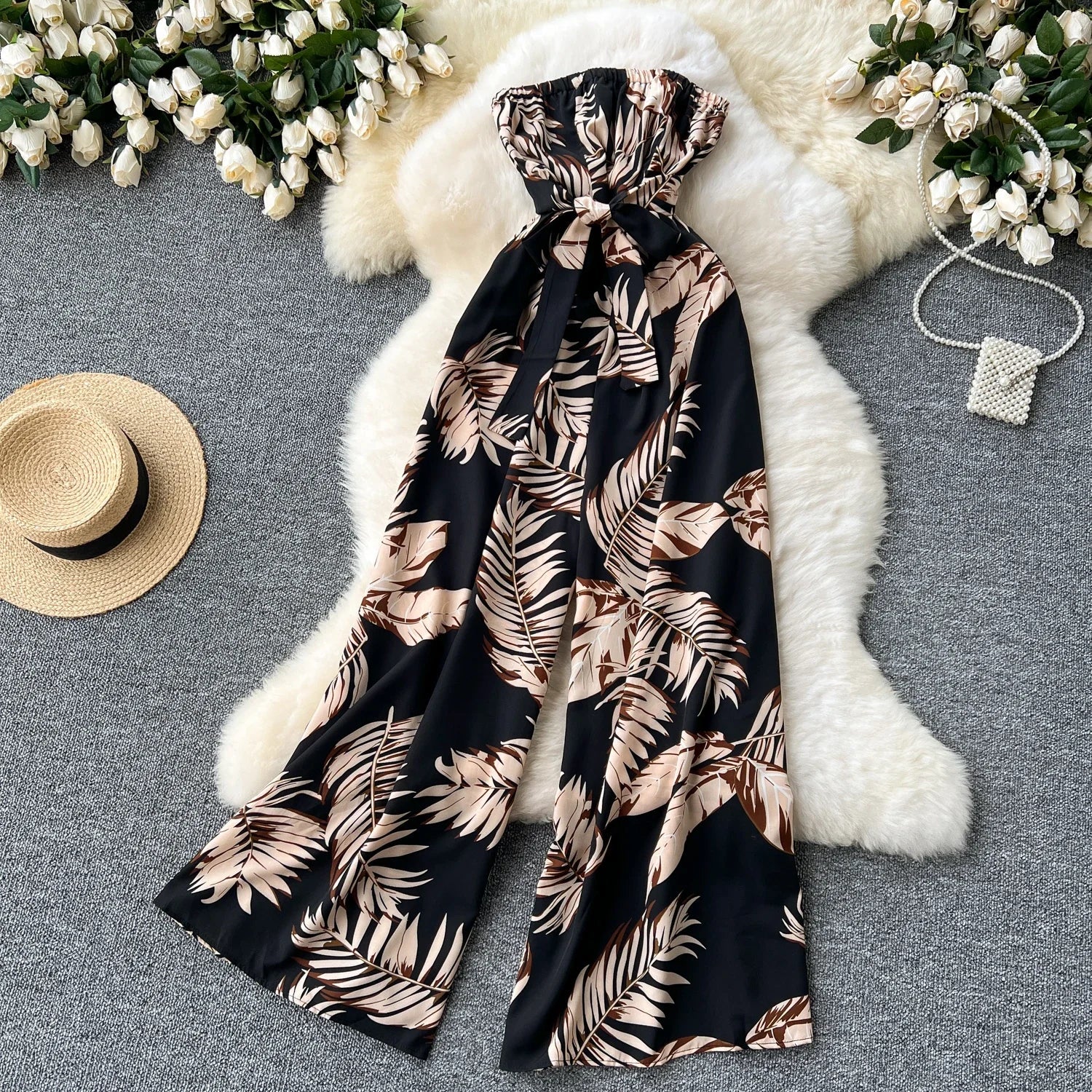 Women's Elegant Suspender Jumpsuit Sexy Printed Casual Hip Waist Overalls Romper