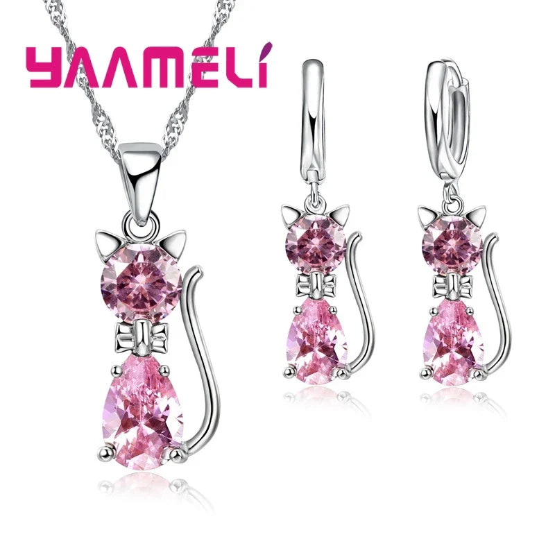 925 Sterling Silver Cat Pendant Necklace and Huggie Earring Jewelry Set with Shining Austrian Crystal for Women and Girls