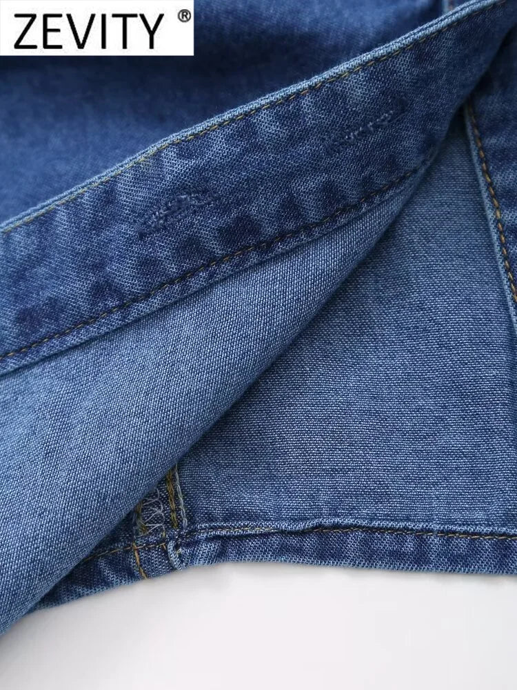 Women Sleeveless Pleated Denim Blouse Single Breasted Office Shirt Chic Casual Top