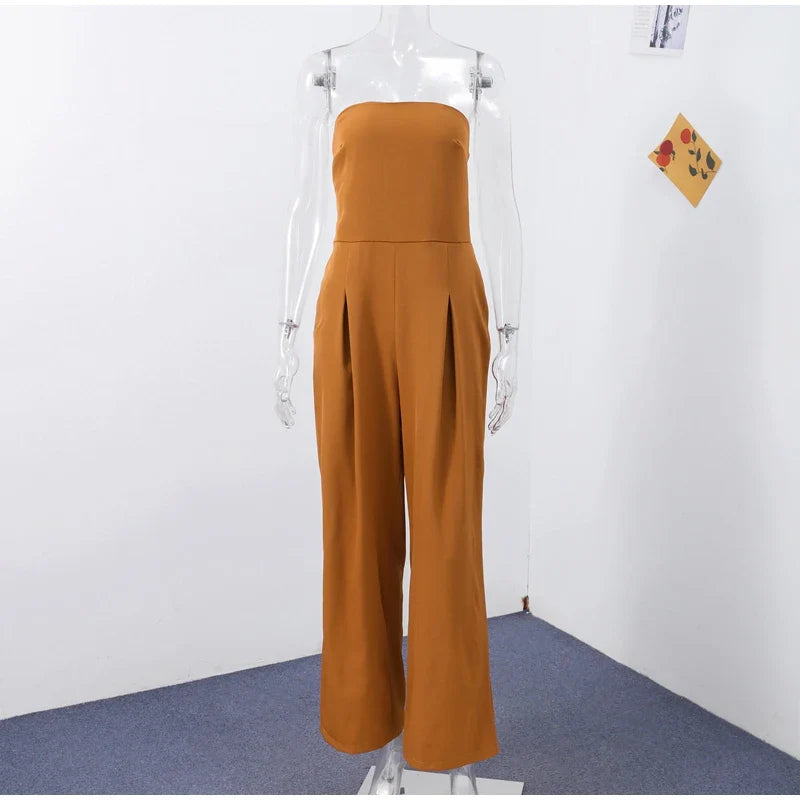 Solid Backless Off Shoulder Jumpsuit for Women Waist Cinching Wide Leg Pants with Pockets Elegant Summer Bodysuit Outwear