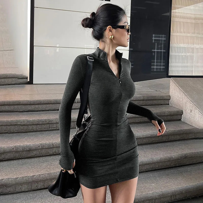 Autumn Black Turtleneck Knitted Bodycon Dress For Women