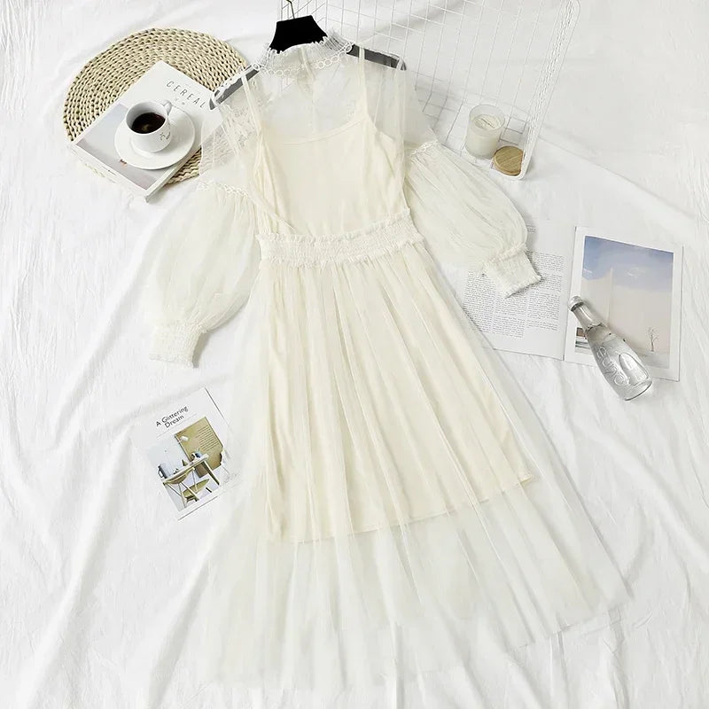 White Lace Mesh Dress With Lantern Sleeves For Women