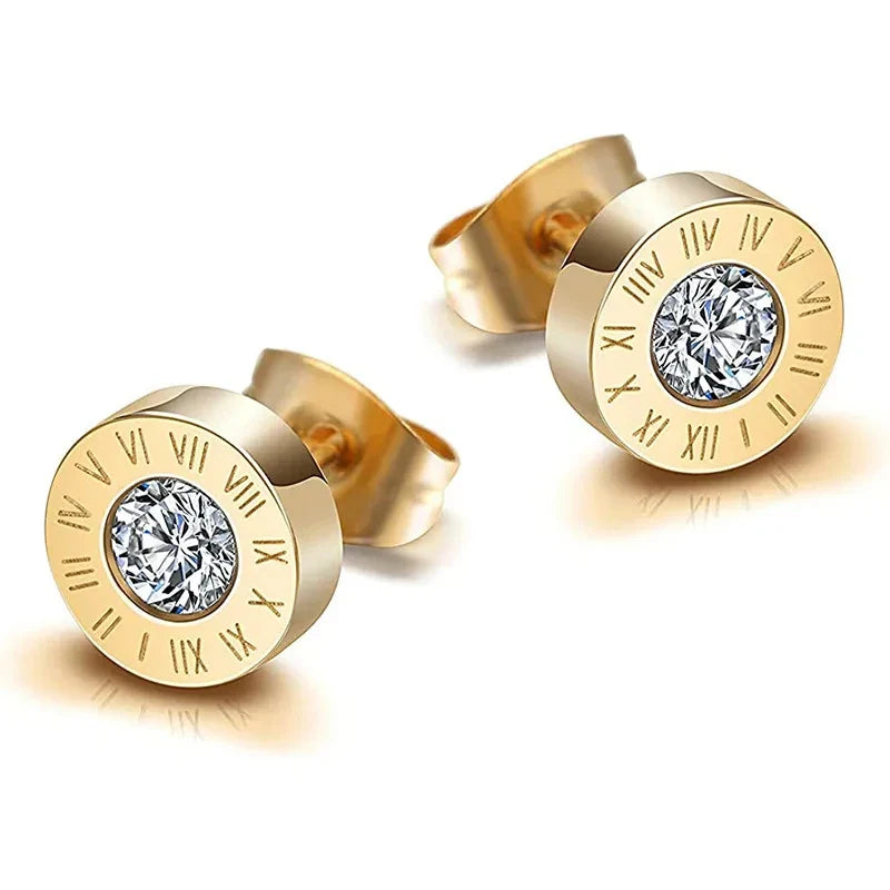 Vintage Roman Numerals Stainless Steel Acrylic Crystal Stud Earrings for Women and Men