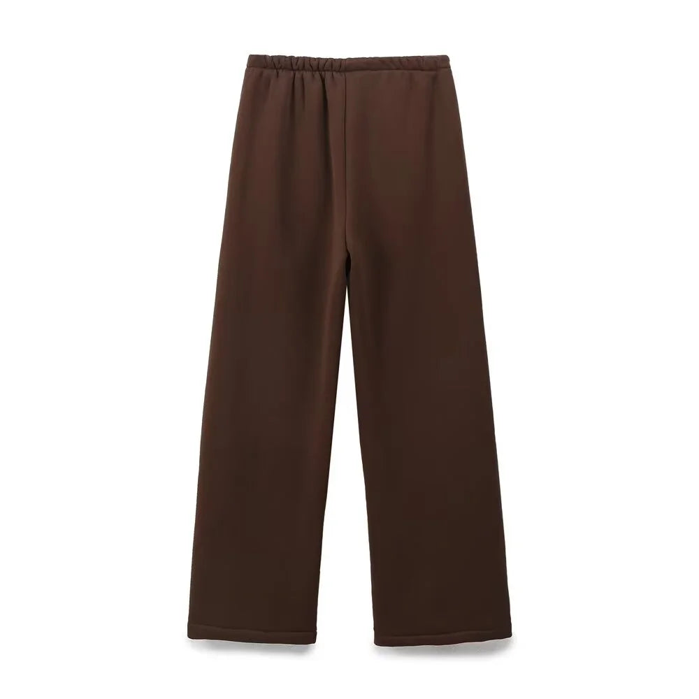 Fashionable Women's Casual Sportswear Jacket and Wide Leg Pants Set with Zipper Decoration