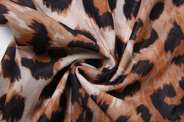 Sexy Leopard Print Mesh Jumpsuit for Women Full Sleeve Skinny Fit Round Neck One Piece Overalls