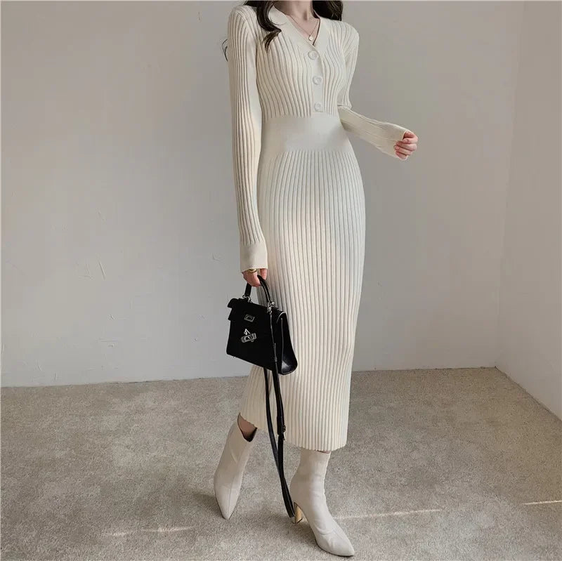 Knit V Neck Women Sweater Dress Long Sleeve Bodycon Office